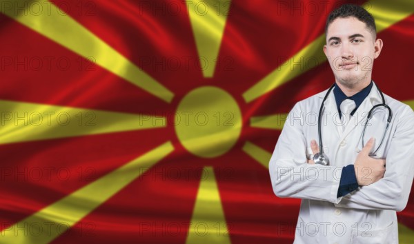 Portrait of medical professional on North Macedonia flag background. Macedonian national health system