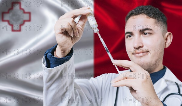 Doctor holding syringe on Malta flag background. Medical professional holding syringe with Maltese flag in the background