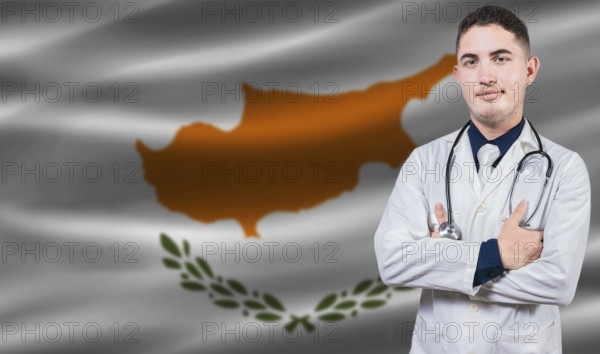Portrait of medical professional on Cyprus flag background. Cypriot national health system