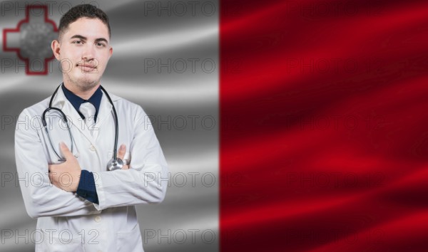 Portrait of medical professional on Malta flag background. Maltese national health system
