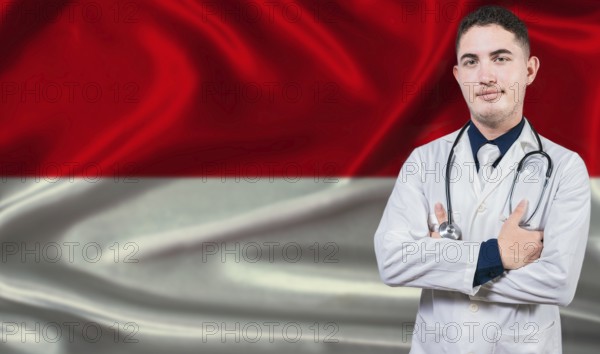 Portrait of medical professional on Indonesia flag background. Indonesian national health system