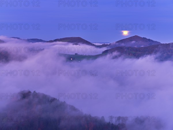 View from the Gisliflue of the Jurassic foothills covered in fog from the left, Summerholde, Asperstrihen, Strihen, in the light of a full moon, Talheim, Canton, Aargau, Switzerland