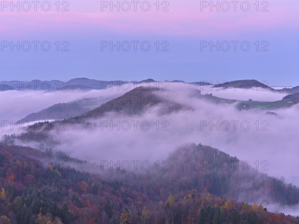 View from the Gisliflue of the Jurassic foothills covered in fog from the left, Wasserfluh, Summerholde, Asperstrihen, in the light of a full moon, Talheim, Canton, Aargau, Switzerland