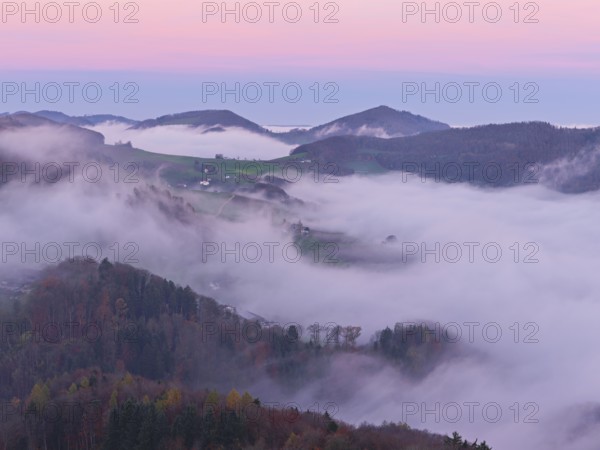 View from the Gisliflue of the Jura foothills covered in fog from the left, Summerholde, Asperstrihen, Strihen, in the morning light, Talheim, Canton, Aargau, Switzerland