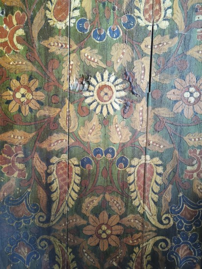 A colorful floral pattern on wood, artistically designed, Morocco