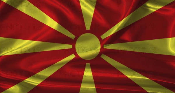National flag of North Macedonia with cloth texture. North Macedonia flag with realistic texture background