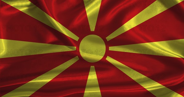 North Macedonia flag with cloth textured background. National flag of North Macedonia with realistic texture