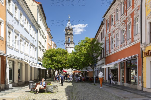 Reichenstraße pedestrian zone with Reichenturm, Bautzen, Upper Lusatia, Saxony, Germany