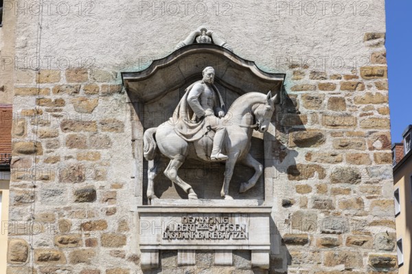 Equestrian statue of King Albert I at Lauenturm, the oldest gate tower in the city of Bautzen, Upper Lusatia, Saxony, Germany