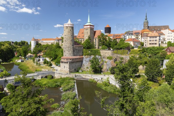 City view with Spree, Ortenburg, Alte Wasserkunst, St. Michael's Church and Cathedral, Bautzen, Upper Lusatia, Saxony, Germany