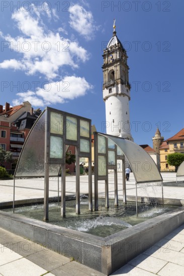 Fountain on the Kornmarkt with Reichenturm, Bautzen, Upper Lusatia, Saxony, Germany