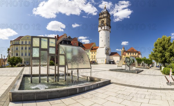 Panorma vom Kornmarkt with fountain and Reichenturm, Bautzen, Upper Lusatia, Saxony, Germany