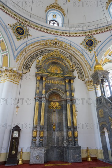Richly decorated interior of a mosque with marble columns and gilded details, Aziziye Mosque, Ottoman era mosque, Konya, Central Anatolia, Turkey