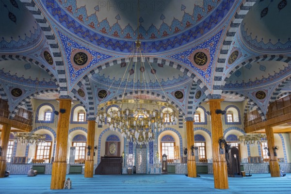 Magnificent mosque interior with blue dome and rich ornaments, atmospheric and sublime, Kapu Mosque, Ottoman era mosque, Konya, Central Anatolia, Turkey