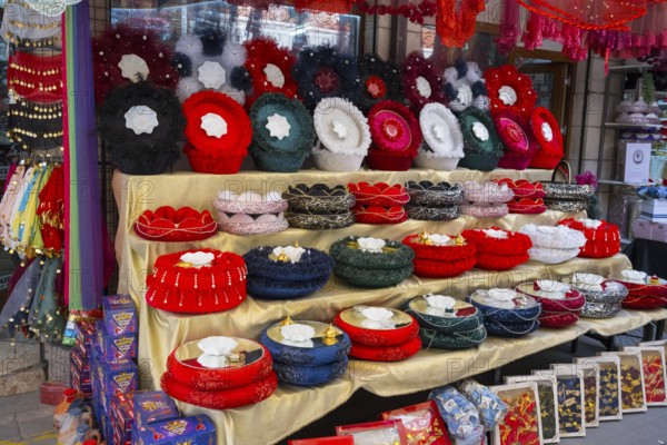 Welcoming shop with a colorful selection of handmade henna sets, henna tray and basket set, covered and decorated with velvet, Konya, Central Anatolia, Turkey