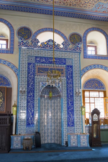 Detailed view of a richly decorated prayer niche in light blue tiles, Kapu Mosque, mosque from the Ottoman period, Konya, Central Anatolia, Turkey