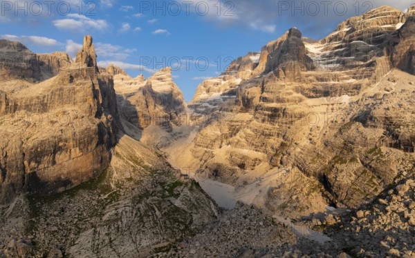 Evening at Refugio Francis Fox Tuckett, alpine panorama, aerial view, impressive mountain peaks of the Brenta Mountains, Brenta, Brenta-Adamello Natural Park, Trentino, Italy