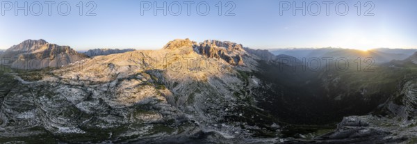 Impressive mountain peaks of the Brenta Mountains, 360 degree alpine panorama, evening mood, aerial view, Brenta, Brenta-Adamello Natural Park, Trentino, Italy
