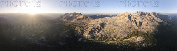 Impressive mountain peaks of the Brenta Mountains, 360 degree alpine panorama, evening mood, aerial view, Brenta, Brenta-Adamello Natural Park, Trentino, Italy