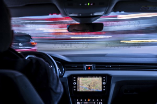 Driving in the city center, in heavy traffic, driver's perspective, Essen, North Rhine-Westphalia, Germany