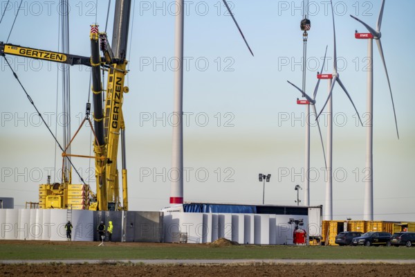 Construction site of the new Bedburg 3 wind farm, on recultivated open-cast mining site, 9 wind power plants with an output of 60 megawatts are being built, finished foundation on which the wind turbine tower is then built, operated by RWE and the city of Bedburg, North Rhine-Westphalia, Germany