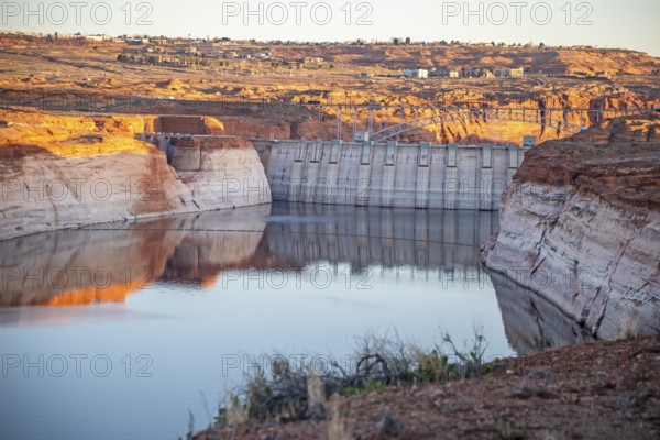 Page, Arizona - The water reservoir behind the Glen Canyon Dam is only 27 percent full. White rock around the lake is the 'bathtub ring, ' which shows how dramatically the water has dropped