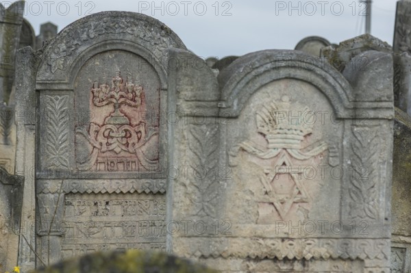 Coloured relief of a five-armed candleholder on a tombstone, Jewish cemetery, since 1866, Czernowicz, Bukovina, Ukraine