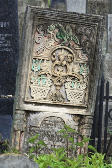 Tombstone with fabulous reliefs of various Jewish symbols, Jewish cemetery, since 1866, Czernowicz, Bukovina, Ukraine