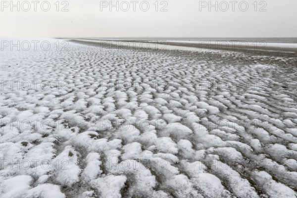 North Sea beach in snow, Langeoog, Lower Saxony, Germany
