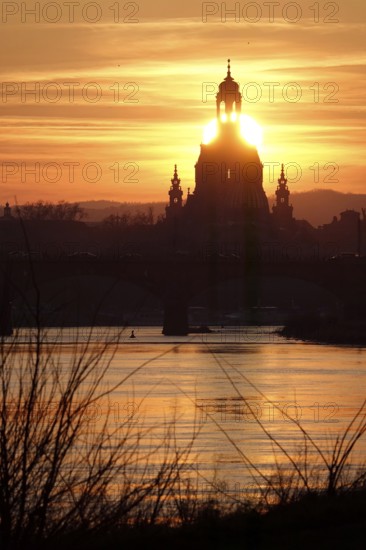 View of Church of Our Lady Dresden across the Elbe, sunset, winter, Saxony, Germany