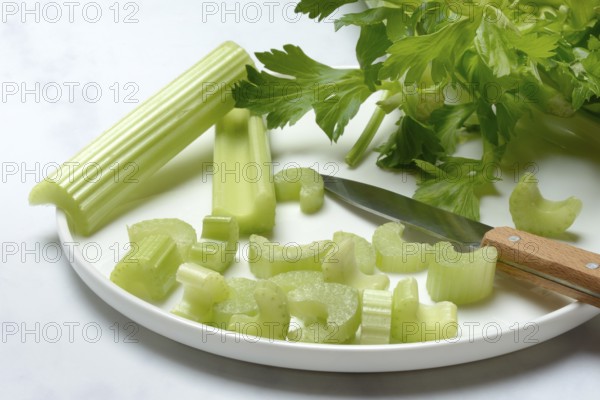Celery stalks, pieces with knife on plate