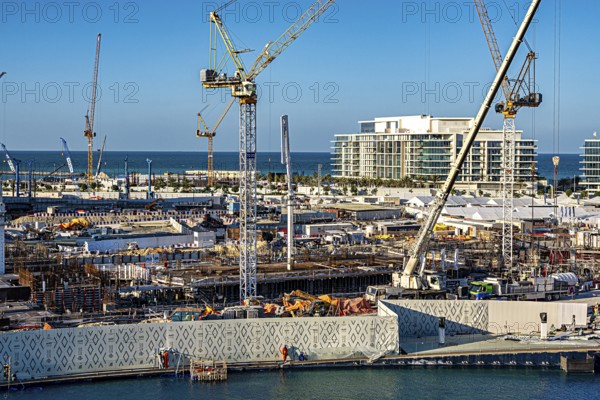 View of the construction sites all around from the Zayed National Museum platform, the museum with the adjacent construction sites is the heart of the cultural district on Saadiyat Island, Abu Dhabi, United Arab Emirates