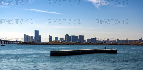 View of the skyline of Abu Dhabi from Louvre Abu Dhabi, Abu Dhabi, UAE, United Arab Emirates