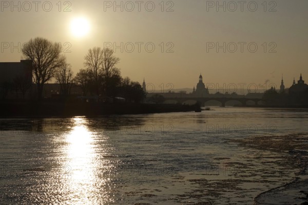 View of Church of Our Lady Dresden from the banks of the Elbe, winter evening, Saxony, Germany