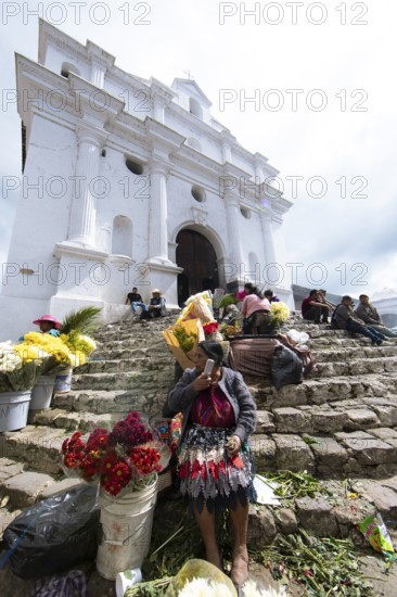 Flower market on the steps of Santo Tomás Church in Chichicastenango, Highlands, El Quiché Department, Guatemala