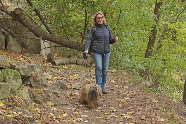Woman running with dog on a forest path