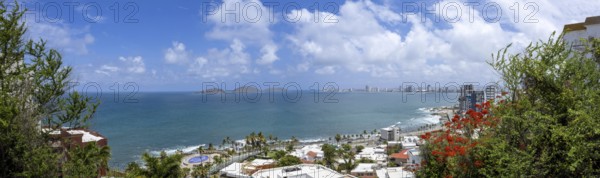 Panoramic view of scenic Mazatlan sea promenade and waterfront El Malecon with ocean lookouts, scenic landscapes and nearby islands