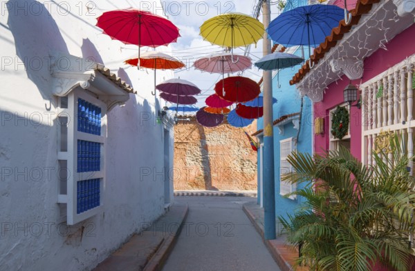 Colorful streets of Cartagena in historic Getsemani district near Walled City, Ciudad Amurallada