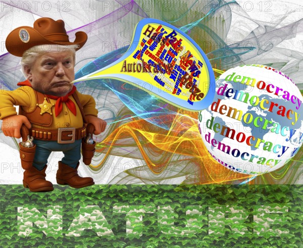 Symbolic image, Trump as world sheriff, determines the world and USA, Chasos king, climate change and nature is fake news, Bitcoin king, kleptocracy, price development, Bitcoin questionable due to extreme energy requirements, stock prices, uncertain digital currency, refunds, energy, industry, economy critical, stock market hype, stock market crash, payment, insolvency, wrong decisions, maximum profit, profit slump, share prices, location Germany, world economy, globalization, environmental protection, mafia, Trump administration, bitcoin rally, cryptocurrency, electronic wallet Wallet, crypto reserve, exchange trading, gold replacement currency