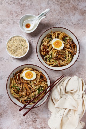 Buckwheat noodles soba with shimeji mushrooms, with boiled egg, green onion, sesame seeds, homemade, without people