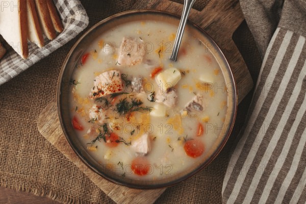 Finnish fish soup, lohikeito soup, creamy fish soup, rustic style