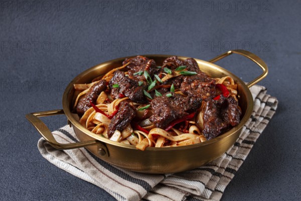 Udon noodles with Mongolian beef, green onions and vegetables, in a brass pan, on a gray background, homemade, no people