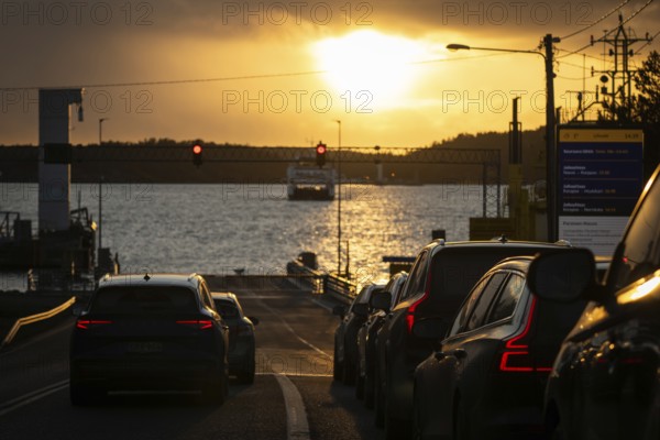Cars waiting for ferry between Skagsudden and Pargas, Archipelago, Southwest Coast, Finland