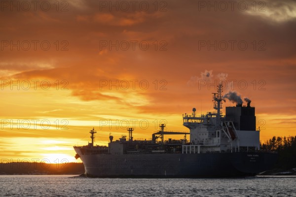 Tanker Yara Kara with home port Oslo, Norway at sunset, archipelago, southwest coast, Finland