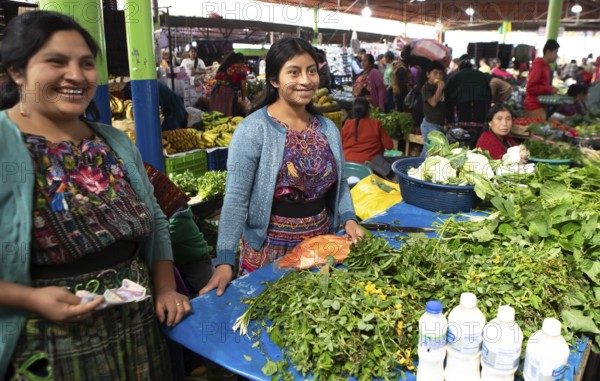 Mayan woman wearing traditional clothes at the market in Sololá, Highlands, Sololá Department, Guatemala