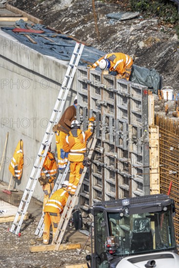 Construction work on a concrete retaining wall at the Duisburg-Kaiserberg motorway junction, on the A3, North Rhine-Westphalia, Germany