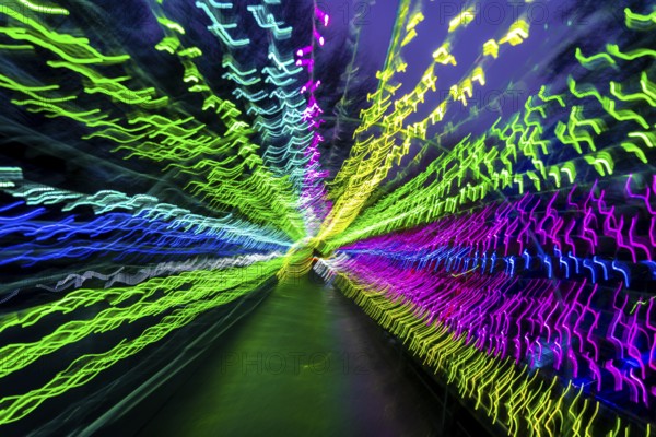 Light, tunnel, in motion, light tunnel, changes light color, light installation at park lights in Gruga Park in Essen