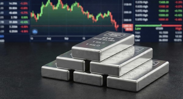 Stacked 99.99% fine silver bars are displayed in front of a digital financial chart, symbolising precious metals trading, market fluctuations, and silver as a safe-haven investment asset, AI generated