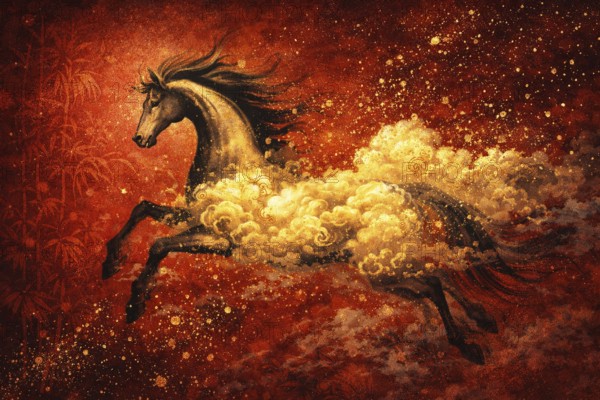 A vibrant illustration of a fiery red horse racing through a traditional Chinese landscape, symbolising strength, energy, and good fortune for the Year of the Horse 2026 during the Lunar New Year celebration, AI generated