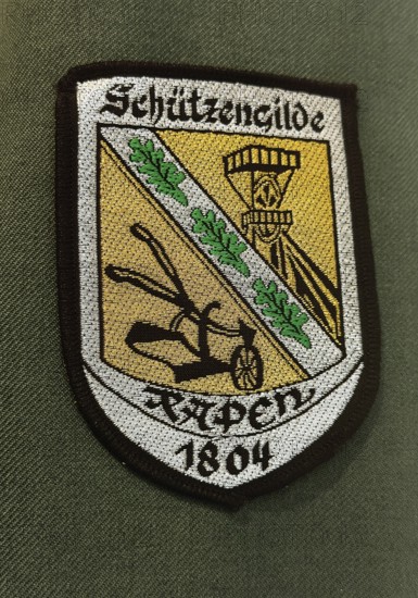 Traditional uniform with badge of the shooting guild Rapen from 1804, detail, House of History, Bonn, Germany